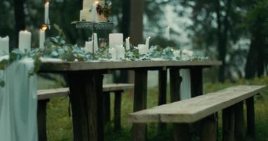 Büyüleyici gizemli orman ilk romantik tarih için harika bir dekor: yaprakları, mum, çiçek ve meyveleri ile beyaz iki katmanlı pasta. 4k.