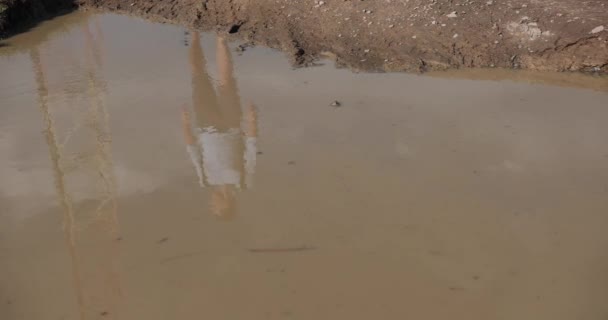 孤独的漫步在群山之中。Reflecion 在游泳池里的一滩肮脏的水中的男性游客 — 图库视频影像