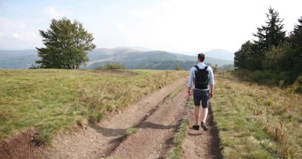 Promenade solitaire en montagne. L'homme marche le long de la route sur une colline avec un grand paysage devant lui et regarde par-dessus son épaule — Video