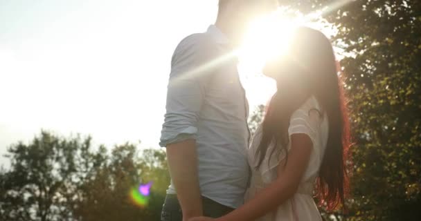 Amore in montagna. Il sole splende tra uomo e donna mentre si abbracciano teneri nella foresta — Video Stock