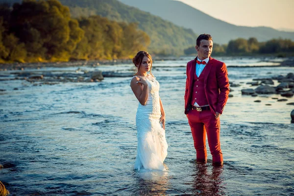 Стильная свадебная пара в реке на фоне лесов и гор во время заката . — стоковое фото