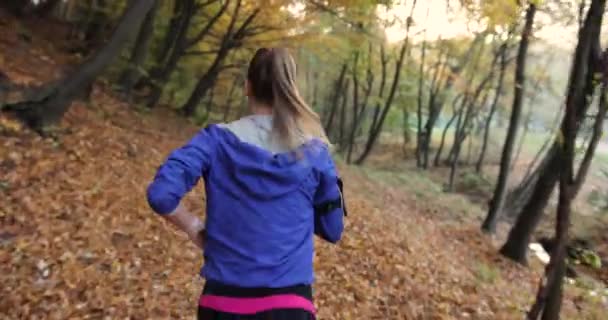 Corridore donna nel parco. Bella donna in giacca blu e altri vestiti fitness ascolta la musica mentre corre sulle foglie cadute nel parco pieno di sole — Video Stock