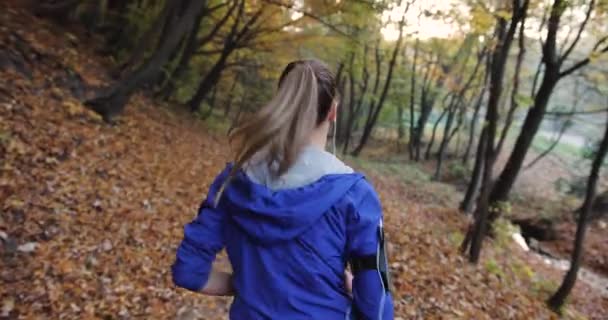 Női futó a parkban. Gyönyörű nő a kék kabát, és más fitness ruhák hallgatja a zene, míg ő fut a lehullott levelek, a park tele napsütés — Stock videók