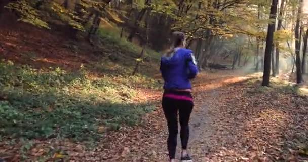 Corredor femenina en el parque. Hermosa mujer con chaqueta azul y otra ropa de fitness escucha la música mientras corre sobre las hojas caídas en el parque lleno de sol — Vídeo de stock