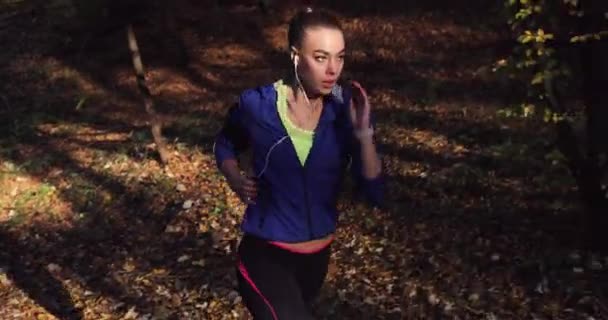 Corridore donna nel parco. Bella donna in giacca blu e altri vestiti fitness ascolta la musica mentre corre sulle foglie cadute nel parco pieno di sole — Video Stock