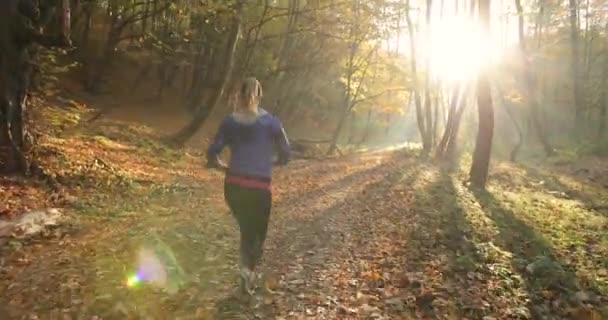 Női futó a parkban. Gyönyörű nő a kék kabát, és más fitness ruhák hallgatja a zene, míg ő fut a lehullott levelek, a park tele napsütés — Stock videók