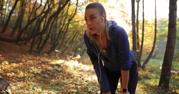 Kadın atlet parkında. Yorgun genç kadın bir süre güneş uzun riun sonra parlar arkasında altın ağaçlar üzerinde mola fitness elbiseli Close-up — Stok video