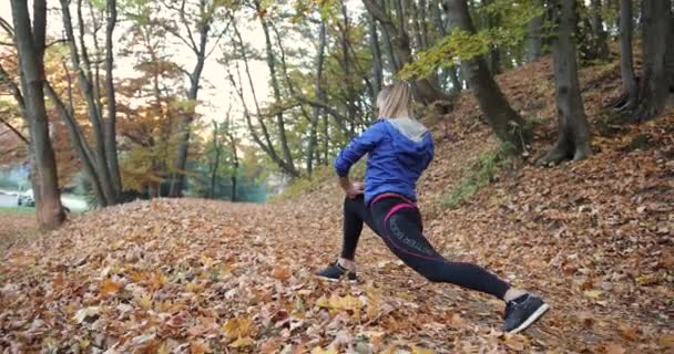 Trainen in het park. Jonge vrouw in blauwe jas bereidt zich voor het uitvoeren van stretching haar armen en benen in mooie herfst park — Stockvideo