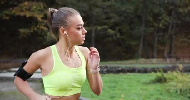 Kvinnliga löpare i parken. Kvinna i färgglada jogging suit lyssnar till musiken och löper längs sökvägen i parken — Stockvideo