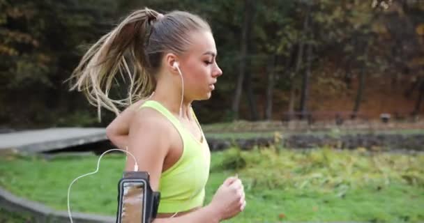 Kvinnliga löpare i parken. Kvinna i färgglada jogging suit lyssnar till musiken och löper längs sökvägen i parken — Stockvideo