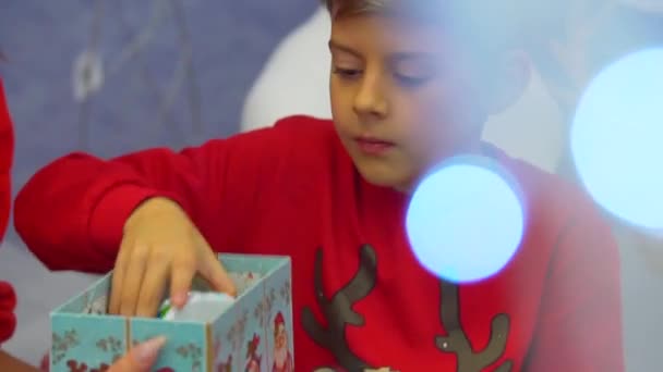 Preparativi natalizi. Mamma e figlio guardare giocattoli vacanze invernali in piedi nel centro commerciale — Video Stock