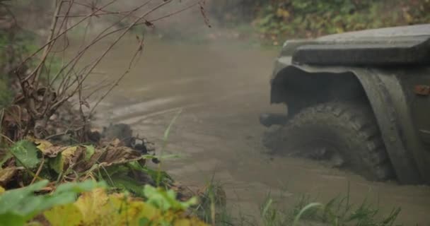 Mountain leisure. Autumn vocations. Etreme. Off-road car Mitsubishi Pajero stucks in the mog somewhere in autumn mountains covered with fog — Stock Video