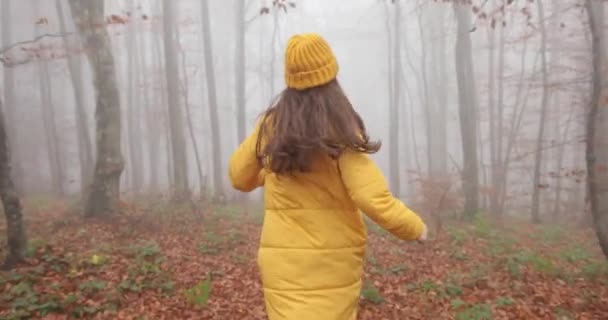 Vibras otoñales, bosque nublado. Mujer morena atractiva con el pelo largo lleva traje amarillo y camina por el bosque cubierto de hojas caídas. Emociones positivas, felicidad, giros — Vídeos de Stock