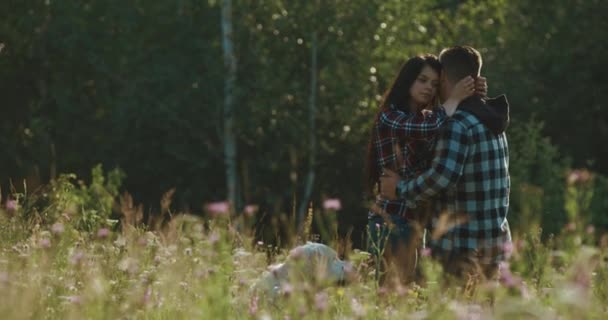 Mountain country lovestory. Man and woman in check shirts run with their dogs Labrador Retriever and Dobermann — Stock Video