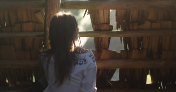 Jovem mulher sorrindo nos raios de sol no feno. Barracão de madeira. 4K . — Vídeo de Stock