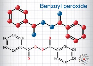 Benzoil peroksit (Bpo) molekül. Yapısal kimyasal formülü ve molekül modeli. Bir kafes içinde sayfa. Vektör çizim