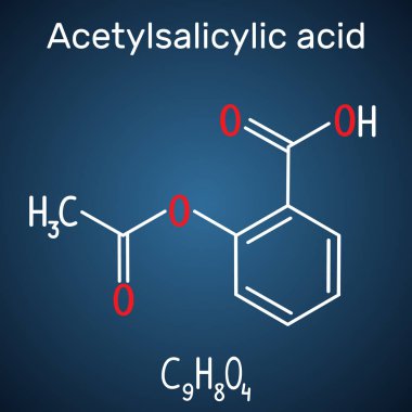 Acetylsalicylic acid (aspirin, ASA) molecule. Structural chemical formula and molecule model on the dark blue background. Vector illustration clipart