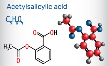Asetilsalisilik asit (aspirin, Asa) molekül. Yapısal kimyasal formülü ve molekül modeli. Vektör çizim