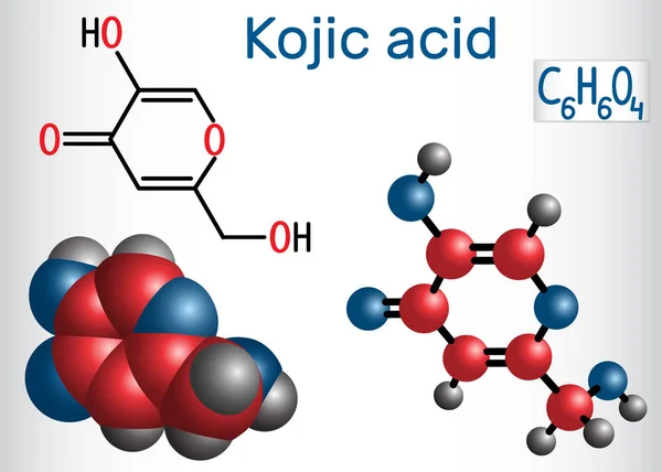 Kojic asit molekül. Kozmetik Cilt depigmentasyon için kullanılır. Yapısal kimyasal formülü ve molekül modeli. Vektör çizim