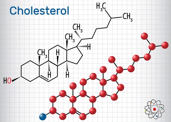 Cholesterinmolekül Strukturchemische Formel Und Molekülmodell Blatt Papier Einem Käfig Vektorillustration — Stockvektor