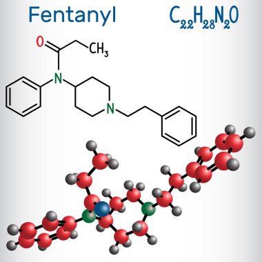 Fentanil molekül. Opioid analjezik olduğunu. Yapısal kimyasal formülü ve molekül modeli. Vektör çizim