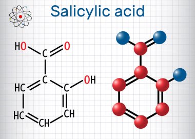 Salisilik asit molekül. Fenolik asit bir türüdür. Yapısal kimyasal formülü ve molekül modeli. Bir kafes içinde sayfa. Vektör çizim