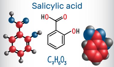 Salisilik asit molekül. Fenolik asit bir türüdür. Yapısal kimyasal formülü ve molekül modeli. Vektör çizim