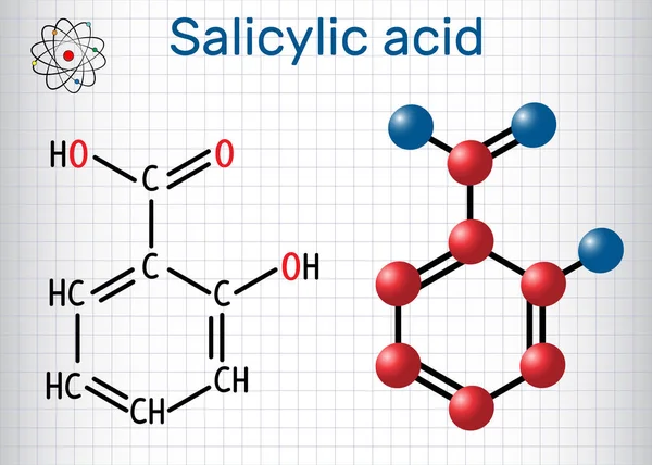 Molekula Kyseliny Salicylové Druh Fenolické Kyseliny Strukturální Model Chemický Vzorec — Stockový vektor