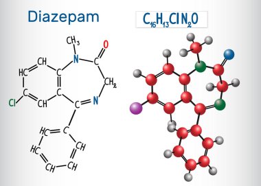 Diazepam (sakinleştirici) molekül - yapısal kimyasal formülü ve modeli. Benzodiazepin sınıfının ilaç. Vektör çizim