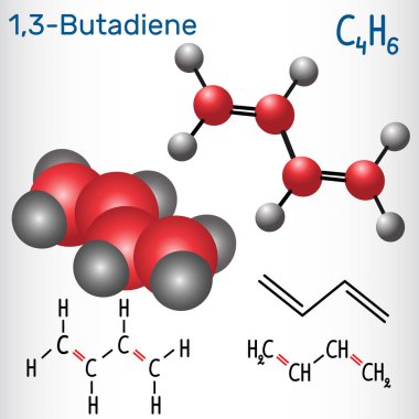 1,3-bütadien (divinyl) molekül - yapısal kimyasal formülü ve modeli. Sentetik kauçuk üretiminde kullanılan. Vektör çizim