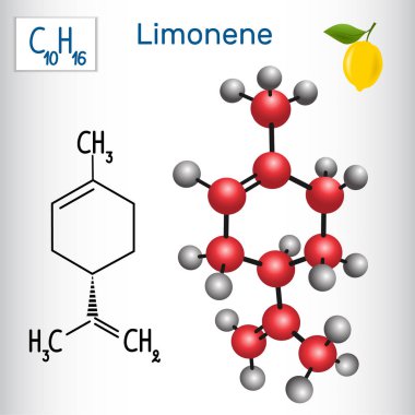 Limonen molekül - yapısal kimyasal formülü ve modeli. Tatlar üretiminde kullanılan kozmetik ürün. Vektör çizim  