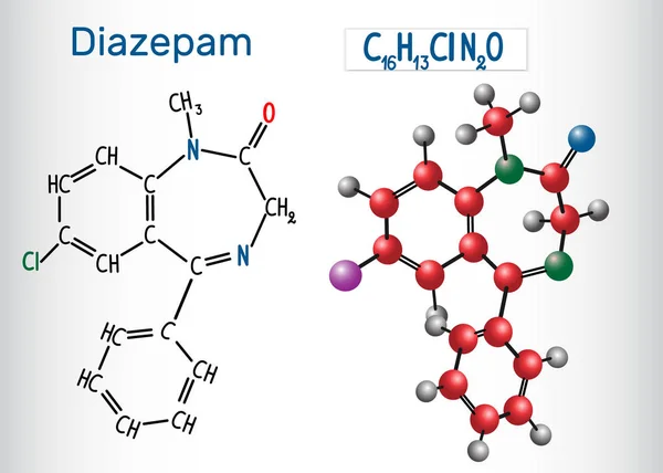 Diazepam (sakinleştirici) molekül - yapısal kimyasal formülü ve modeli. Benzodiazepin sınıfının ilaç. Vektör çizim