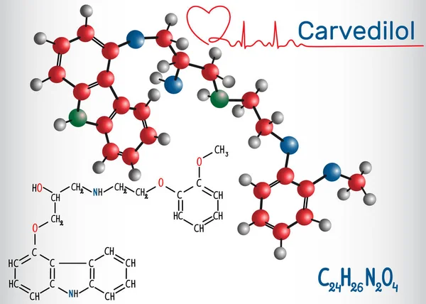 Karvedilol Molekula Strukturální Chemický Vzorec Modelu Lék Užívaný Léčbě Srdečního — Stockový vektor