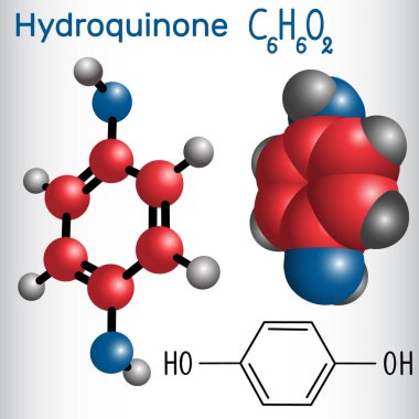 Hidrokinon (quinol) molekül - yapısal kimyasal formülü ve modeli. Fotodeveloper kullanılır. Vektör çizim  
