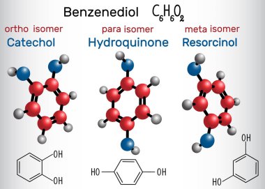 Katekol, rezorsinol, hidrokinon molekül - yapısal kimyasal formülü ve modeli