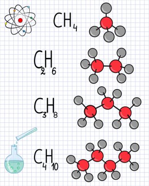 Kimyasal formülü ve molekül C2h4 etan, propan C3h8 metan Ch4, bütan C4h10. öğrenci yarıyıl Not defteri kimya üzerinde model. bir kafes içinde sayfa. Vektör çizim