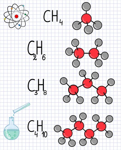 化学式と分子化学メタン Ch4 エタン である 2H4 3H8 プロパン ブタン C4H10 学校ノートブックをモデルします — ストックベクタ