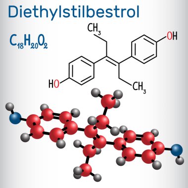 Diethylstilbestrol (DES) - structural chemical formula and molecule model. Vector illustration  clipart