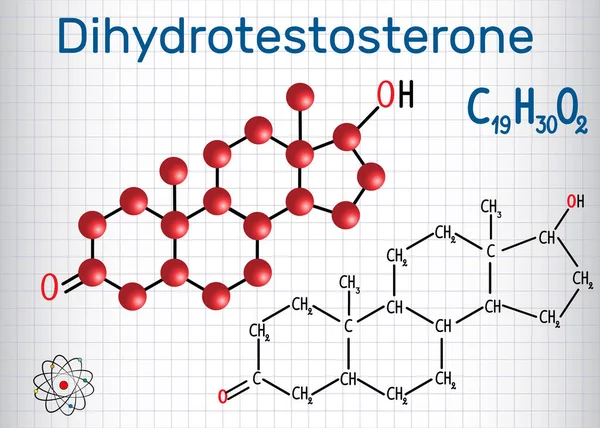 Dihidrotestosteron Dht (androstanolone, endojen androjen cinsiyet hormonu) - yapısal kimyasal formülü ve molekül modeli. Bir kafes içinde sayfa. Vektör çizim