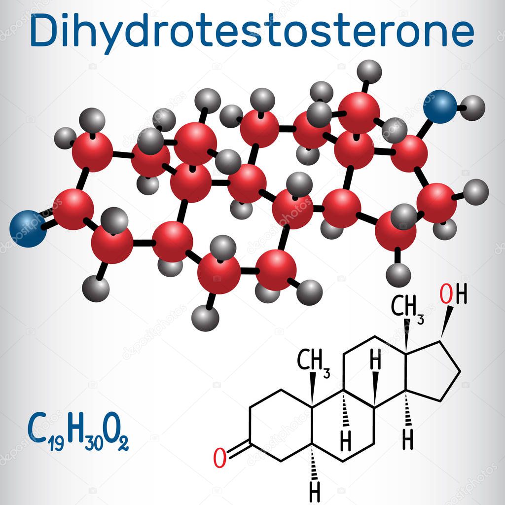 Dihydrotestosterone DHT (androstanolone, endogenous androgen sex hormone ) - structural chemical formula and molecule model. Vector illustration 