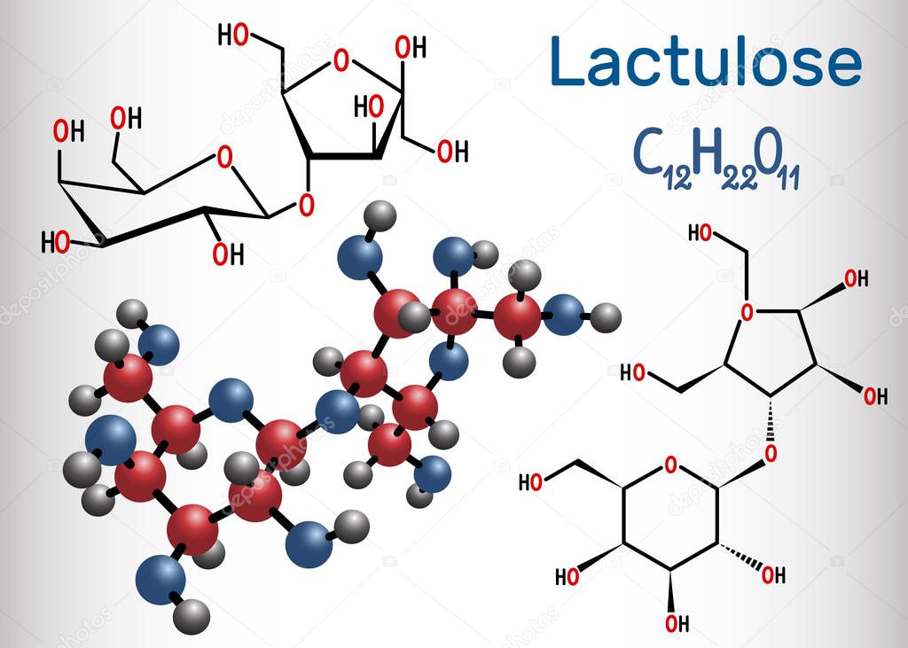 Lactulose molecule. It is used in the treatment of constipation. Structural chemical formula and molecule model. Vector illustration