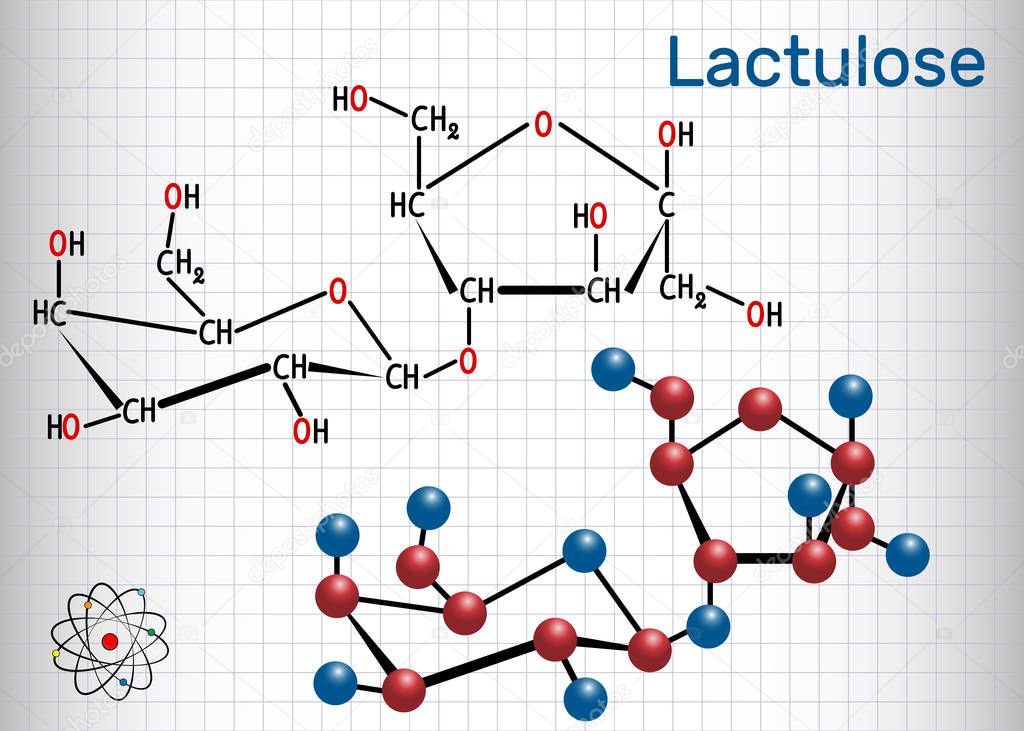 Lactulose molecule. It is used in the treatment of constipation. Structural chemical formula and molecule model. Sheet of paper in a cage. Vector illustratio