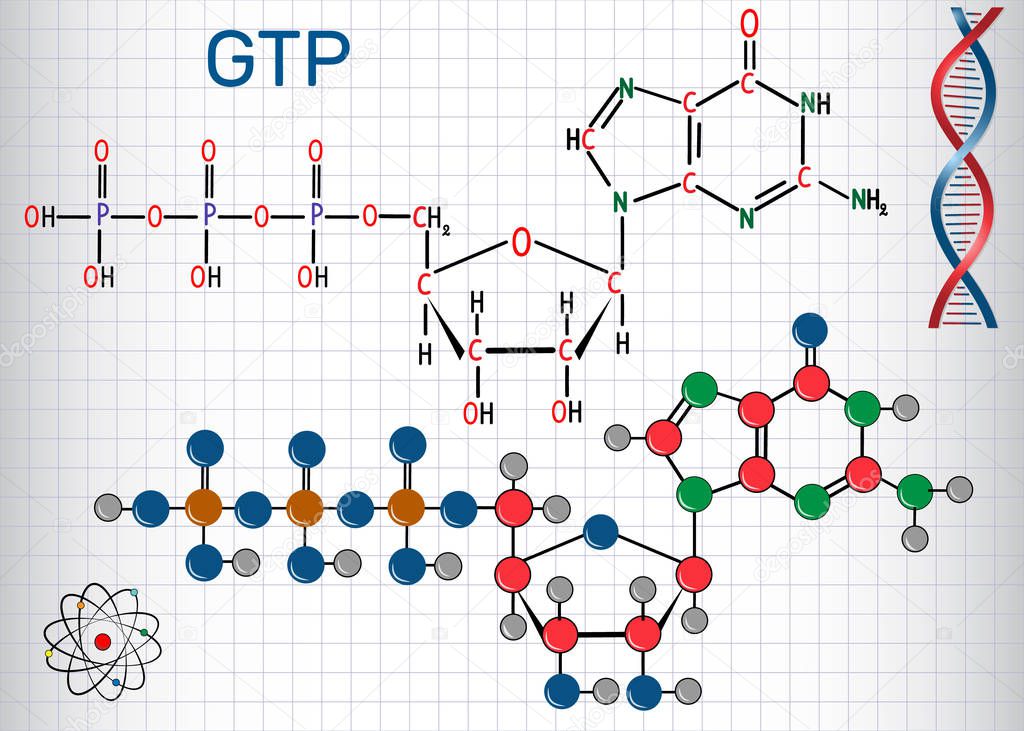 Guanosine triphosphate (GTP) molecule, it is used in synthesis of RNA and as a source of energy for protein synthesis. Sheet of paper in a cage. Structural chemical formula and molecule model. Vector illustratio