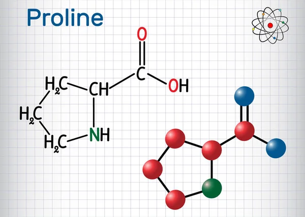 Prolina L-prolina, Pro, P molécula de aminoácidos proteinogénicos. Hoja de papel en una jaula. Fórmula química estructural y modelo molecular — Vector de stock