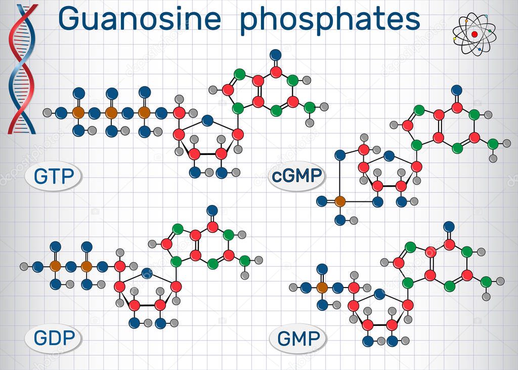 Guanosine phosphates guanosine triphosphate, guanosine diphosphate, guanosine monophosphate, cyclic guanosine monophosphate . Sheet of paper in a cage