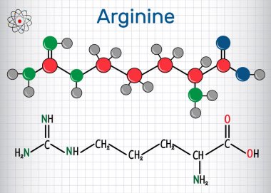 Arginin Arg, R amino asit molekülü, bu proteinlerin biyosentezinde kullanılır. Yapısal kimyasal formül ve molekül modeli. Kafesteki kağıt levha