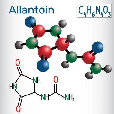 Allantoin glyoxyldiureide molecule, it is used in cosmetics. Structural chemical formula and molecule model clipart