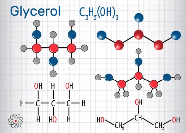 Gliserol gliserin molekülü. Yapısal kimyasal formül ve molekül modeli. Kafesteki kağıt levha