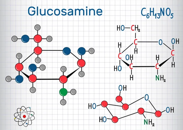 Glukosaminmolekül, ist eines der häufigsten Monosaccharide, ist Nahrungsergänzungsmittel. strukturchemische Formel und Molekülmodell. Blatt Papier im Käfig — Stockvektor