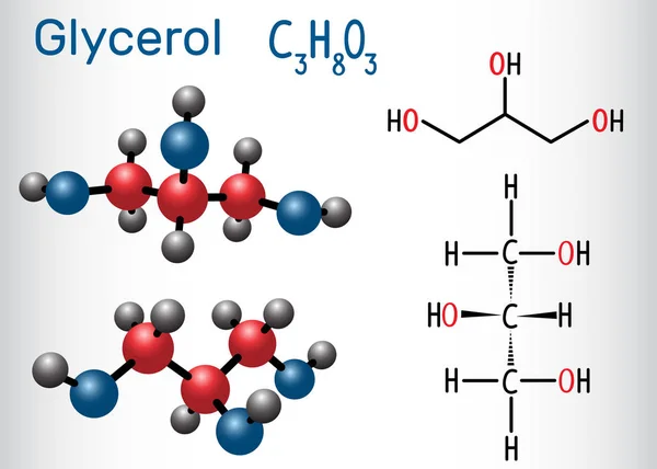 Molécula de glicerina glicerina. Fórmula química estructural y modelo molecular — Vector de stock